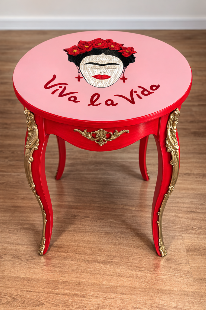 Table ronde décorative rouge avec mosaïque Frida Kahlo et inscription Viva la Vida, création artistique Luneik