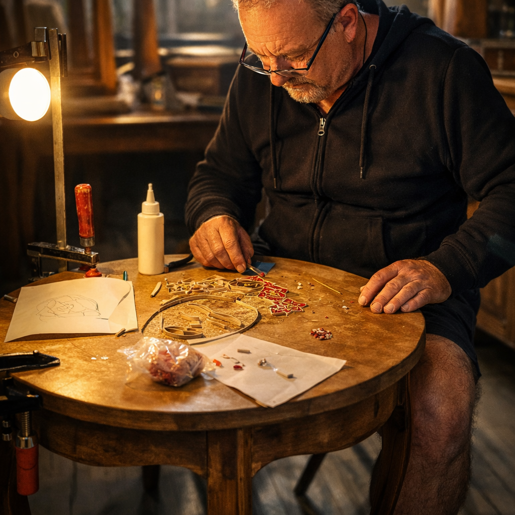 Gilles Manzoni artiste createur de Luneik travaillant une mosaique dans son atelier