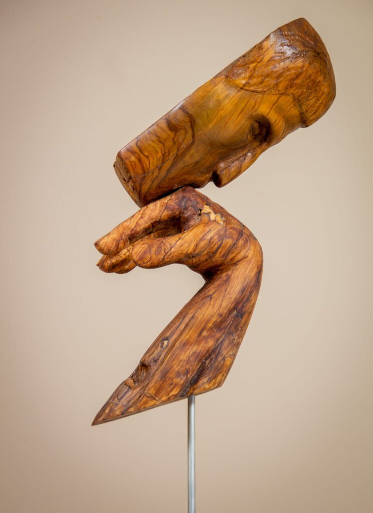 Sculpture en bois sculptée à la main, forme organique contemporaine